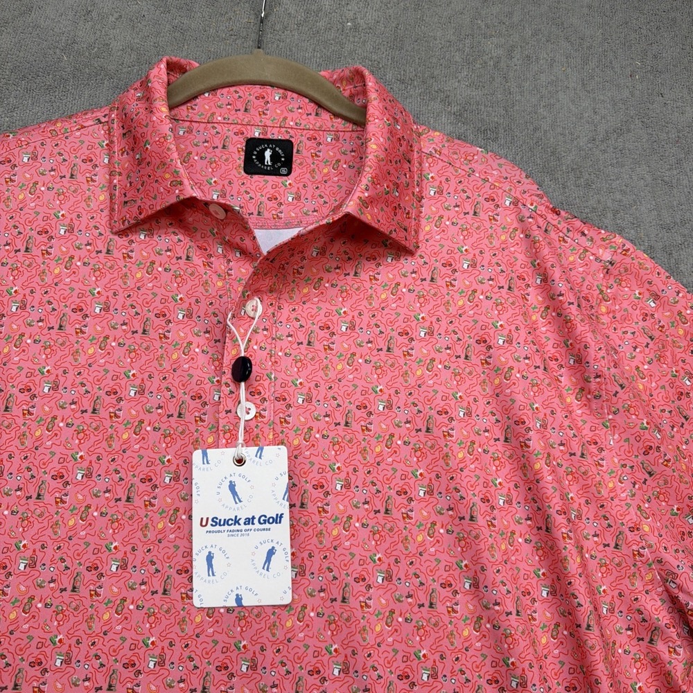 U Suck At Golf Polo Shirt Pink Cocktail Print Funny Novelty XL